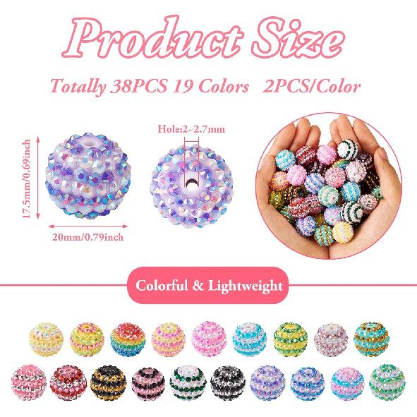 

Beadthoven 38PCS 20mm Rhinestone Beads Lollipop Beads 10 Colors Chunky Bubblegum Beads Round Disco Ball Beads Resin Crystal Chunky Beads for DIY Pens