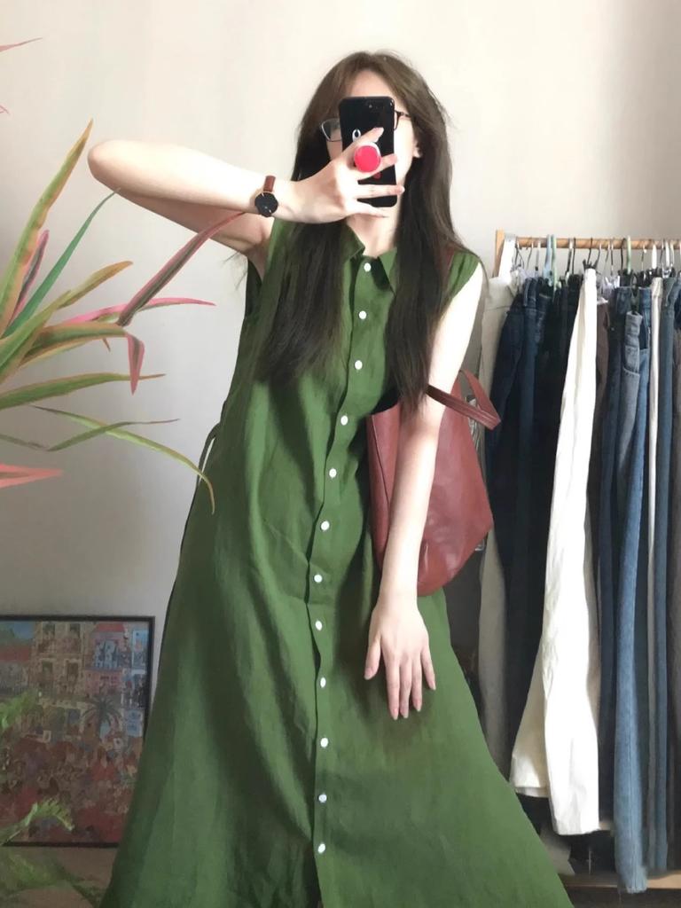 Retro literary green shirt sleeveless dress women's simple casual summer loose atmosphere long skirt