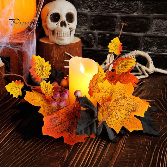 Home Party Supplies Halloween Floral Candle Ring, Artificial Maple Rose Wreath for Festive Atmosphere Decorations Holder, Spooky Table Centerpiece