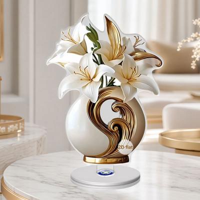 2D Platte Bloem Ornament, 360-Graden Roterend Vaas Acryl Ornament met Voet, Bloemenvaas Tafelblad Decoratie voor Huis Bureau Planken Decor
