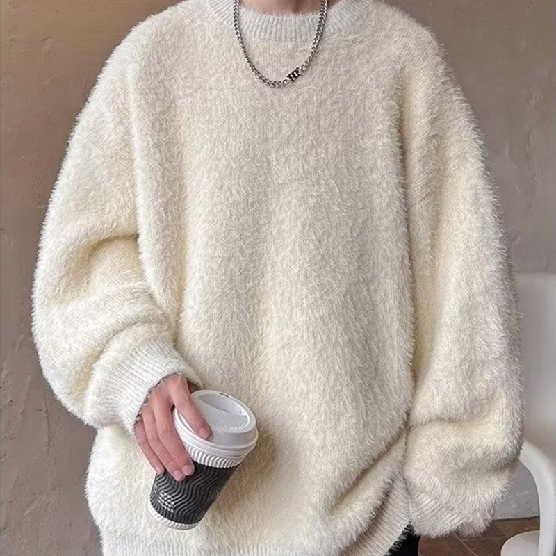 

Autumn Solid Fluffy Warm Knitted Sweaters For Man New High Street Fashion Loose Pullovers 2026 New Y2K Vintage Knitwear Jumpers L белый