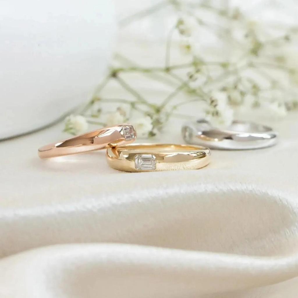 Emerald Cut Cubic Zirconia Wedding Band: Yellow Gold Plated Signet Ring: Art Deco Jewelry Gift For Unisex