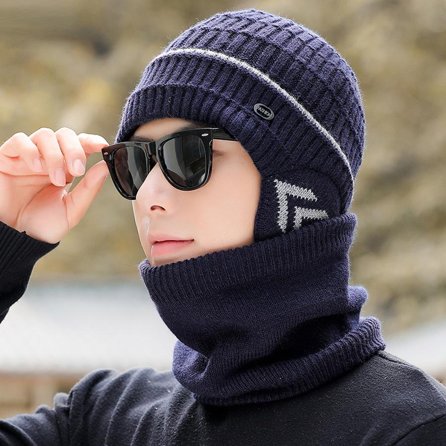 Strickmütze Schal Set Herren Winter Fleece Wolle Mütze Mittelalterliche und Ältere Dicke Warme Mütze