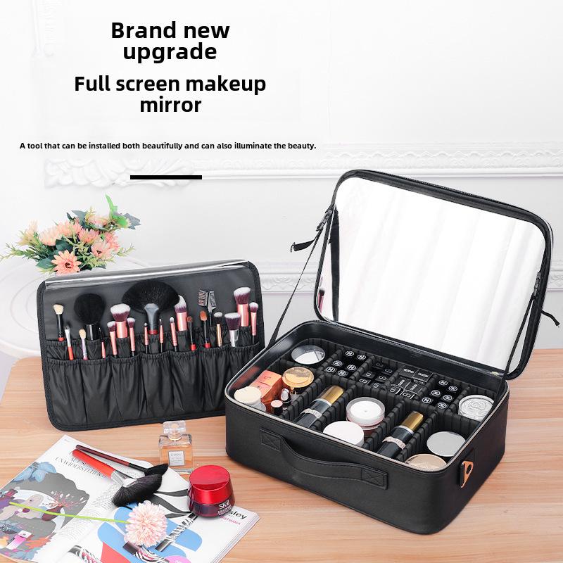 Black Heightened Cosmetic Bag with Mirror - Large Capacity Portable Handheld Storage Box