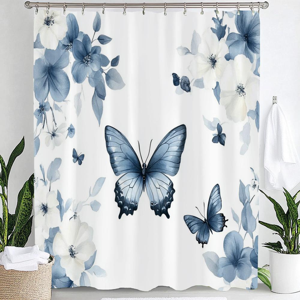 1pc Beautiful Blue Flowers Shower Curtain, Bathroom Decorative Curtain, Floral Printed Polyester Home Curtain with Hooks