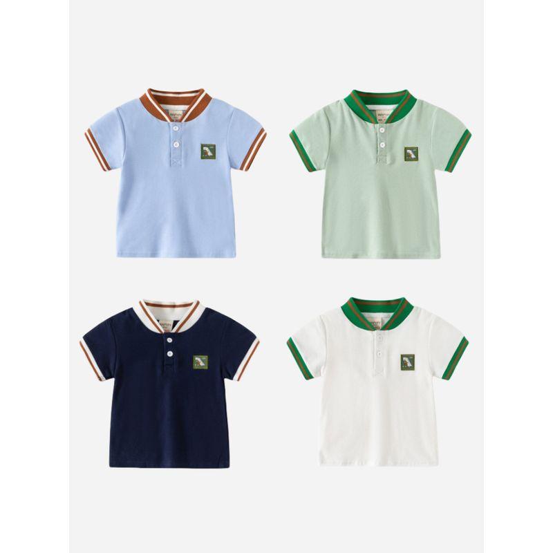 Kids Short Sleeve T-shirt Clothes Summer K-style Boy Dinosaur Embroidered V-neck Polo Shirt Baby Boy Color Matching Top