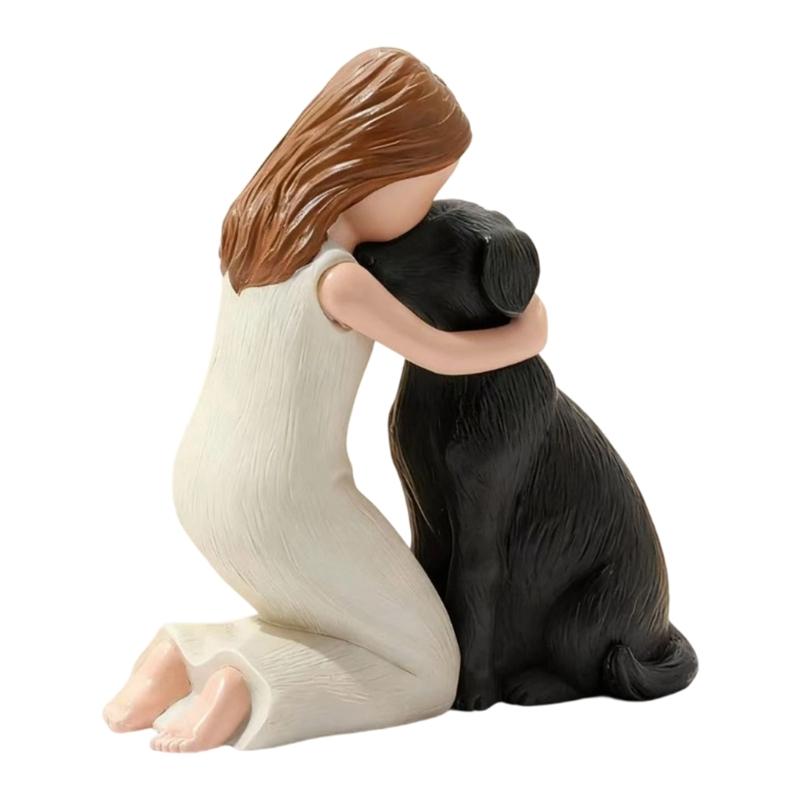 Girl Embracing Dog Sculpture Resin Miniature Statue Loss of Pet Sympathy Gift for Living Room Bedroom Display Ornament