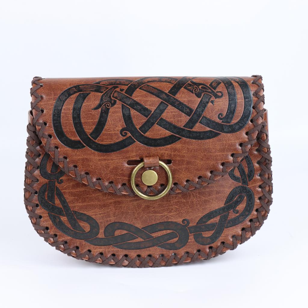 Medieval PU Leather Belt Waist Bag Two-Piece Set Viking Print Boat Shaped Pirate Halloween Retro Role Playing Costume Props