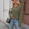 Women's Fashionable V-neck Long Sleeved Solid Color  Knitted Casual Loose T-shirt Top