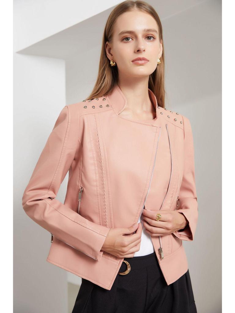 European Women's Beaded Leather Motorcycle Jacket - Long Sleeve, Lapel, Thin Fashion for Spring and Autumn 2023