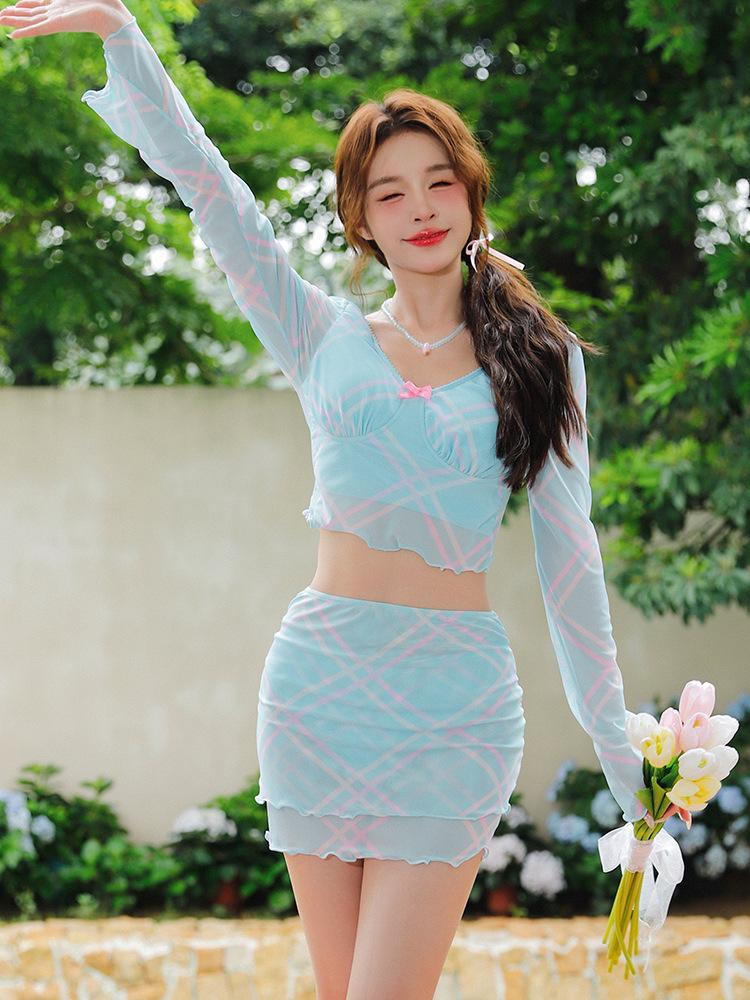 

Женский купальник-тройка высокого класса: С длинным рукавом, с юбкой, сексуальное бикини для маленькой груди XL небесно-голубой