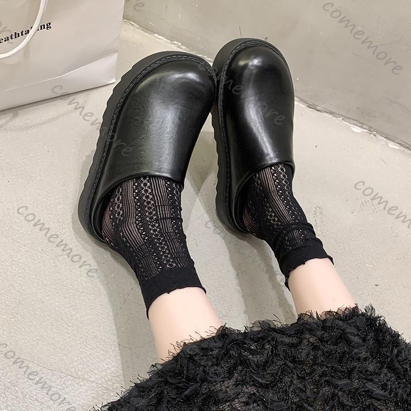 Comemore Baotou Thick Bottom Temperament Half Slippers for Women Autumn New Patent Leather Black Mules Flat Black Slides Loafers