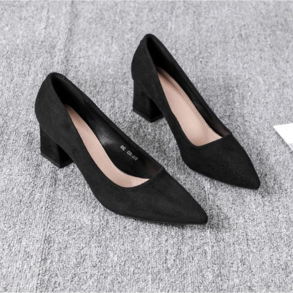 High Heels Women's Spring and Autumn Black Suede Middle Heel Pumps Women's New Pointed Commuter Professional Work Shoes Women