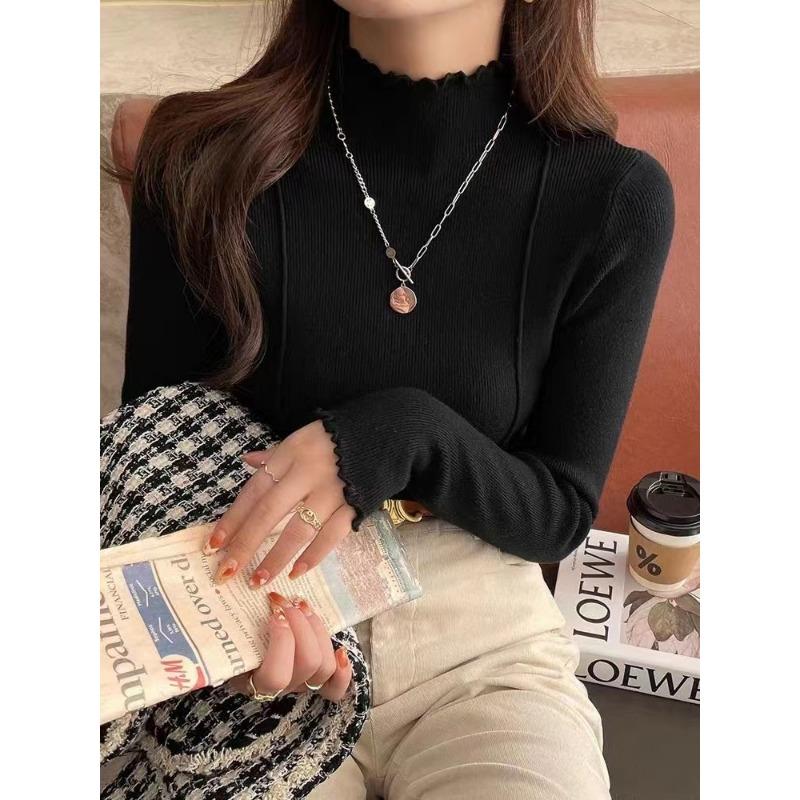 Wood ear edge knitted sweater women's solid color sweater autumn and winter new high-end slim-fit semi-turtleneck bottoming shirt