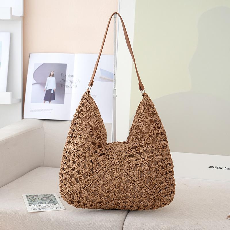 Color Block Straw Weaving Shoulder Bag Large Capacity Summer Beach Vacati Bag Underarm Bag Simple Urban Style Polyester Lining