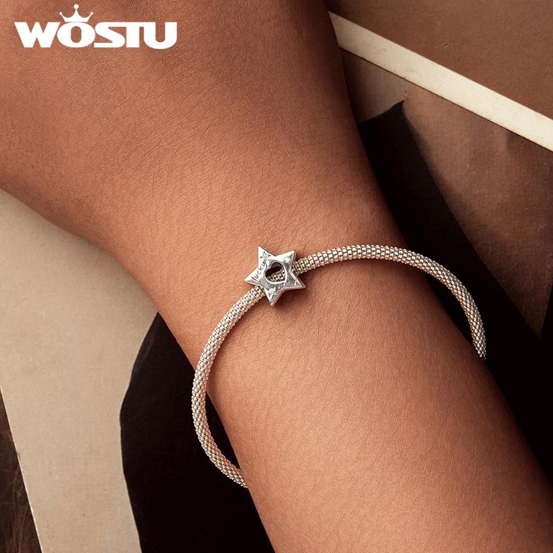 WOSTU 925 Sterling Silver Lucky Star Clip Stopper Bead For Bracelet Moon Star Planet Charm Pendant Fit DIY Neckalce Jewelry Gift