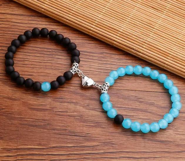 Magnetic Heart Couple Bracelets: Trendy Beaded Set for Women