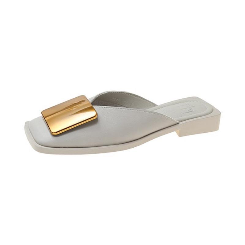 Fashion Women's Slippers Fashion Metal Buckle Mules for Women Shallow Flat Heels Shoes Outdoor Slides Square Toe Female Casual Sandals