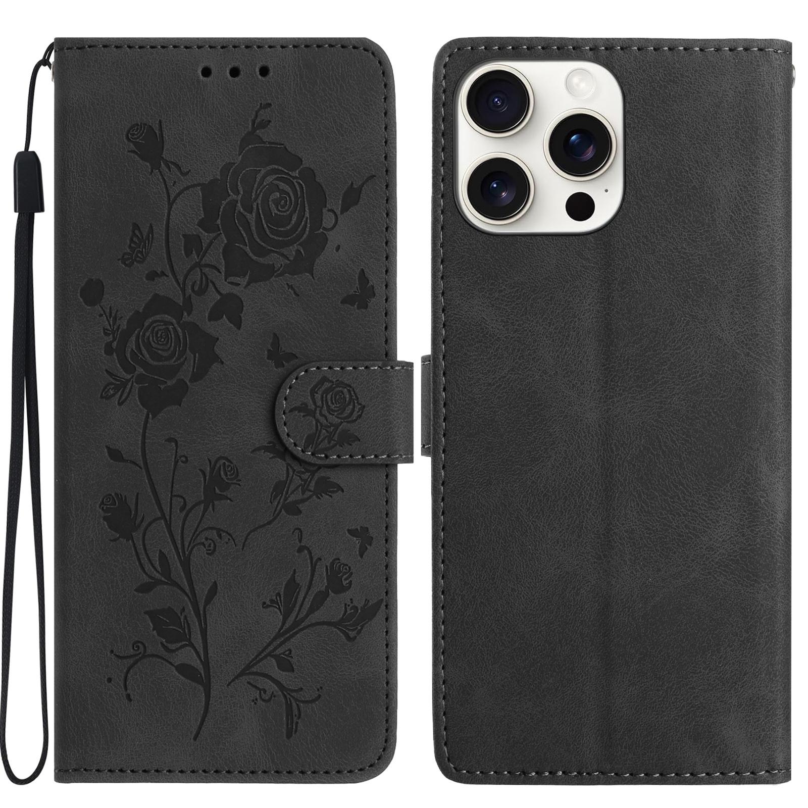 

For iPhone 16 Pro Max Wallet Case Rose Pattern Imprinted Leather Flip Stand Phone Cover Black