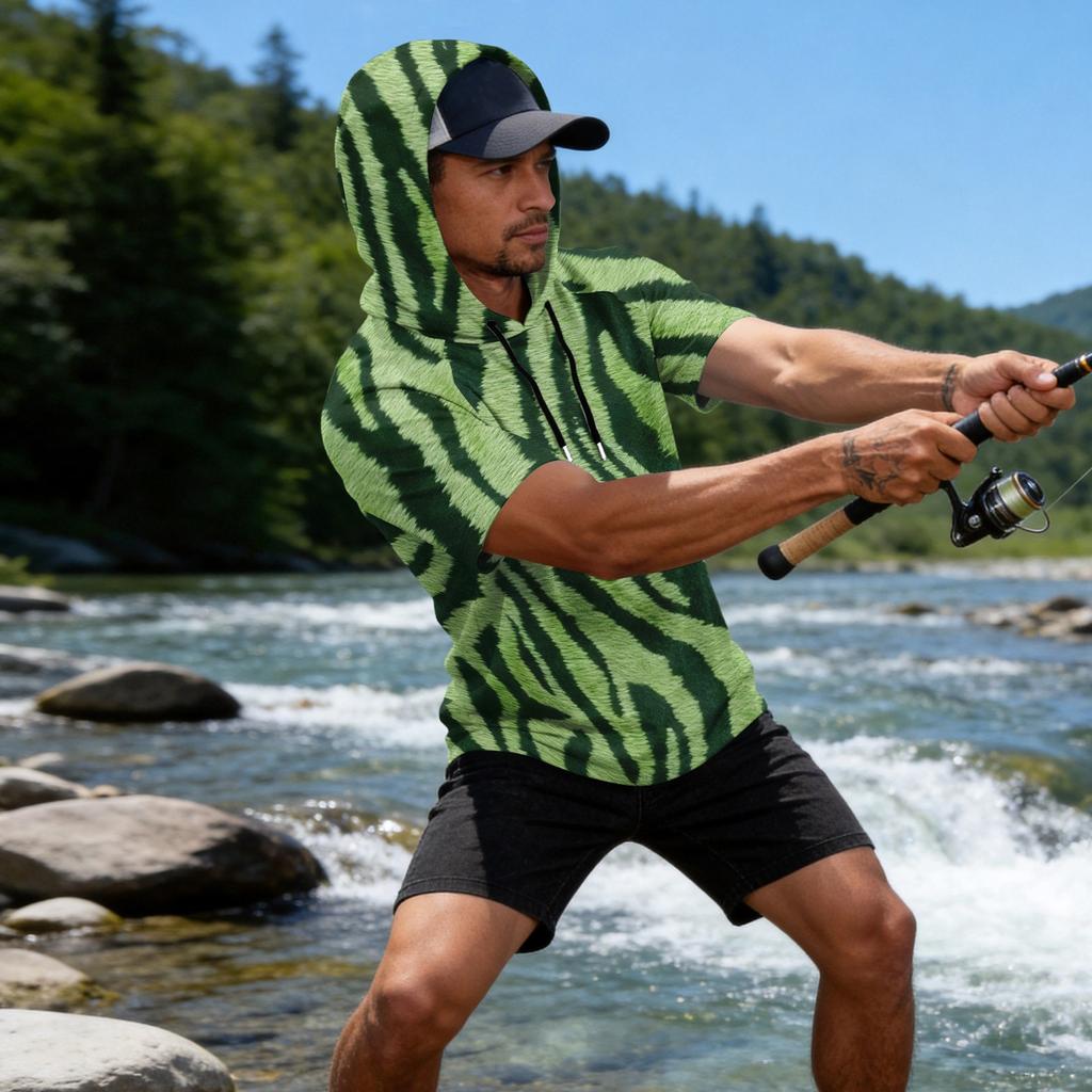 Sudadera con capucha deportiva casual para hombre, manga raglán, manga corta, jersey, tejido ligero y transpirable, adecuada para actividades al aire libre y pesca