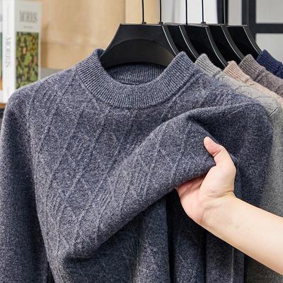 Herren 100% Wolle Rundhals Winterpullover, Lässige Business Jacquard Strickware