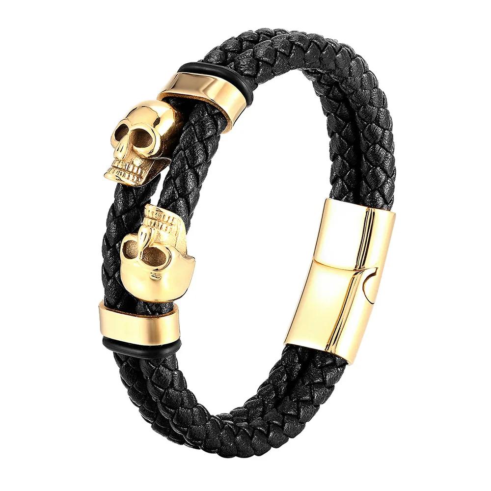 Multi-layer Bracelet Punk Stainless Steel Charm Magnetic Black Men's Leather Bracelets Skull Braided Bangles Jewelry Homme