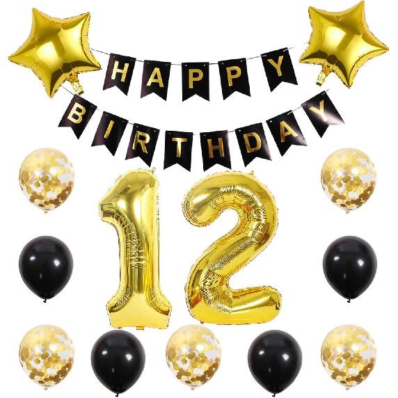 Chaungfu12 Birthday Party Supplies Gold Number 12 Foil Balloon Happy Birthday Banner Kit 12th Birthday Decoration Black Gold Latex Confetti Balloon