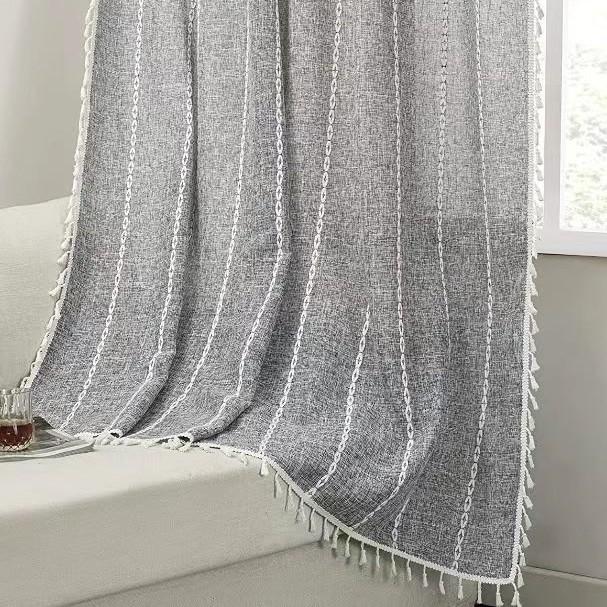 Cotton And Linen Fringed Kitchen Window Drapery French Striped Rod Pocket Curtain