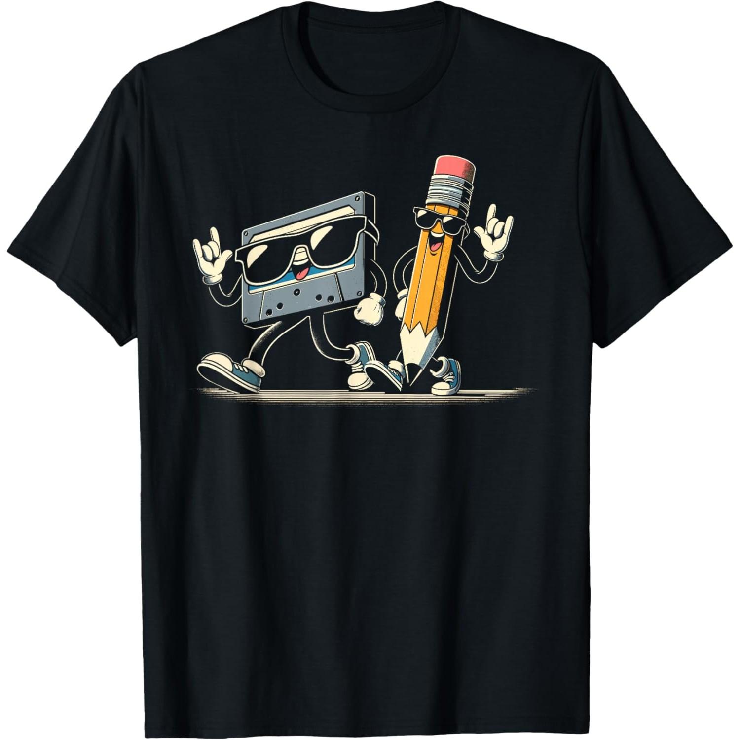 Retro Cassette Tape Pencil Funny Graphic Tee for Men Casual 80s 90s Style Cotton T-Shirt S