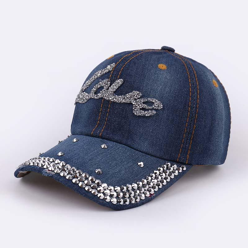 Damen Strass Denim Baseballkappe - Paris Schriftzug Sonnenhut