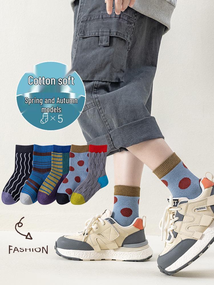 Children's Mid-Calf Socks - Korean Style, Color Block & Polka Dot Designs for Spring & Autumn