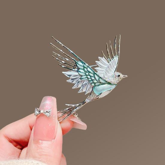 Brooch Pin, 3D Bird Design Lapel Pin with Cyan-Blue Enamel Wings And Translucent Rhinestones, Sparkling Luster Badge for Suits Dresses