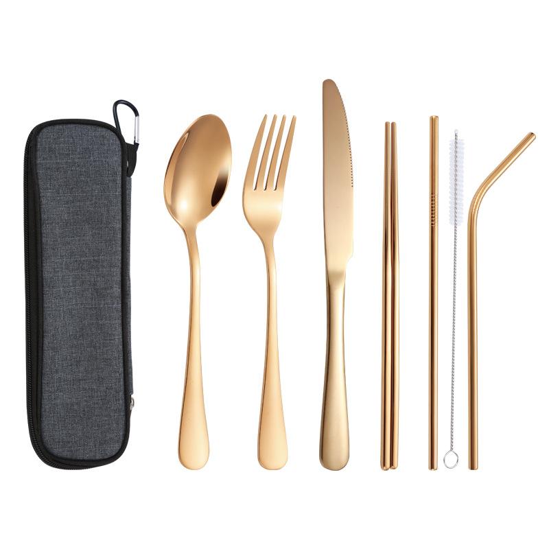 

Нож, вилка, ложка и соломинка из нержавеющей стали, щетка для чистки, палочки для еды, набор для семейного ужина, гладкая интегрированная формовка, 7