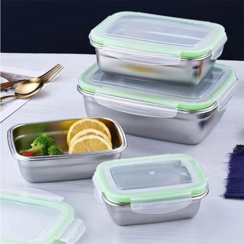 304 Stainless Steel Fresh-keeping Box Sealed Fruit LeakProof Lunch Box with Lid Container Refrigerated Storage Kitchenware