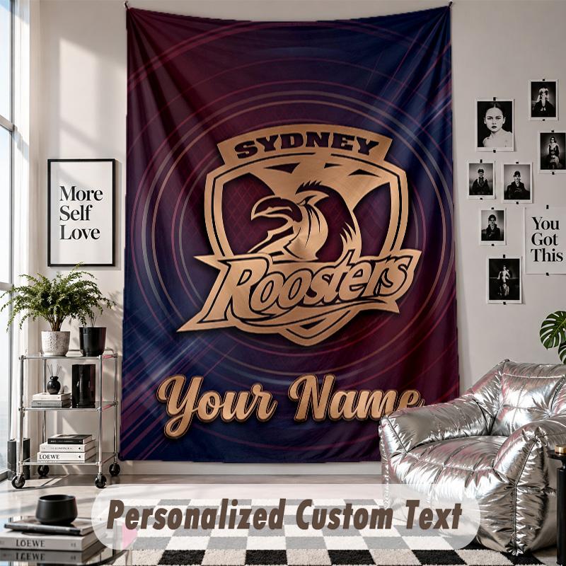 Arazzo da Appendere alla Parete con Nome e Testo Personalizzati, Arazzo Decorativo Sydney Roosters per Camera da Letto