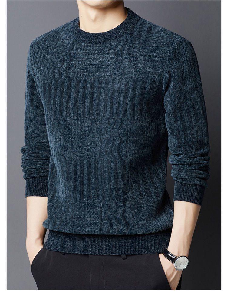 Mid-aged Men's Fleece-lined Warm Chenille Round Neck Base Layer Knitwear for Autumn/Winter