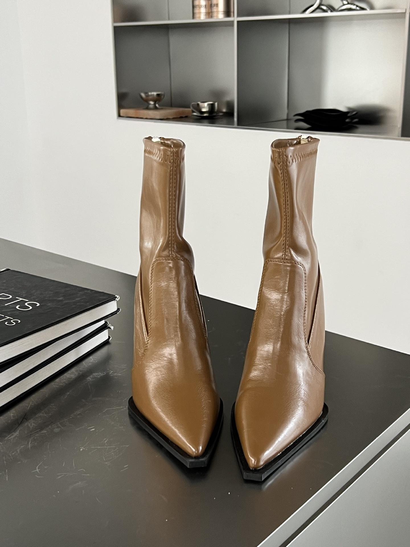 

2025 autumn and winter new style temperament high heel thin short boots women s rear zipper pointed heel locomotive boots 39 коричневый