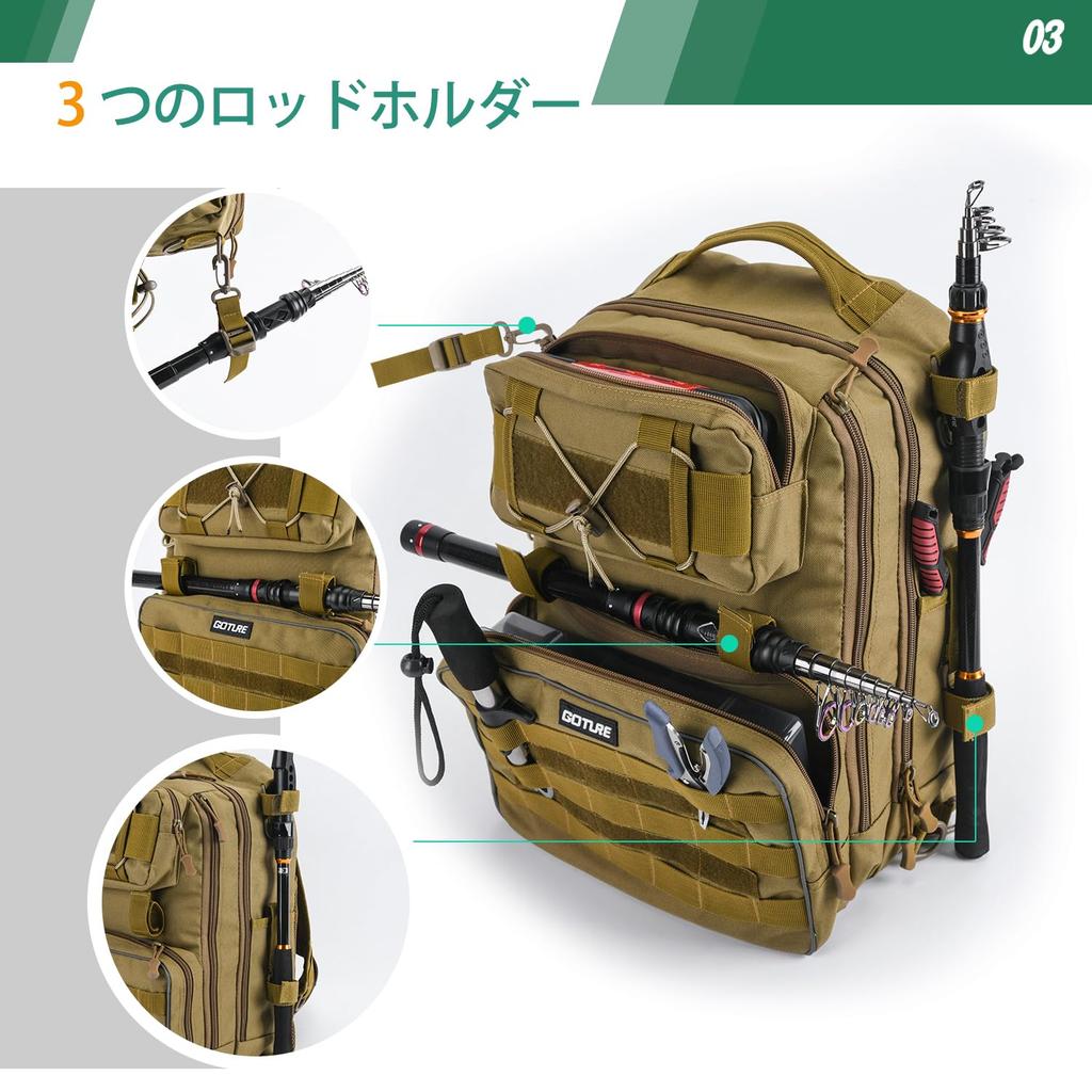 Goture Fishing Waterproof Backpack with Two Lure Large Tackle Tool Storage Bag for Hiking and Outdoor Khaki Bag, 5-Way Cases, Multifunctional,