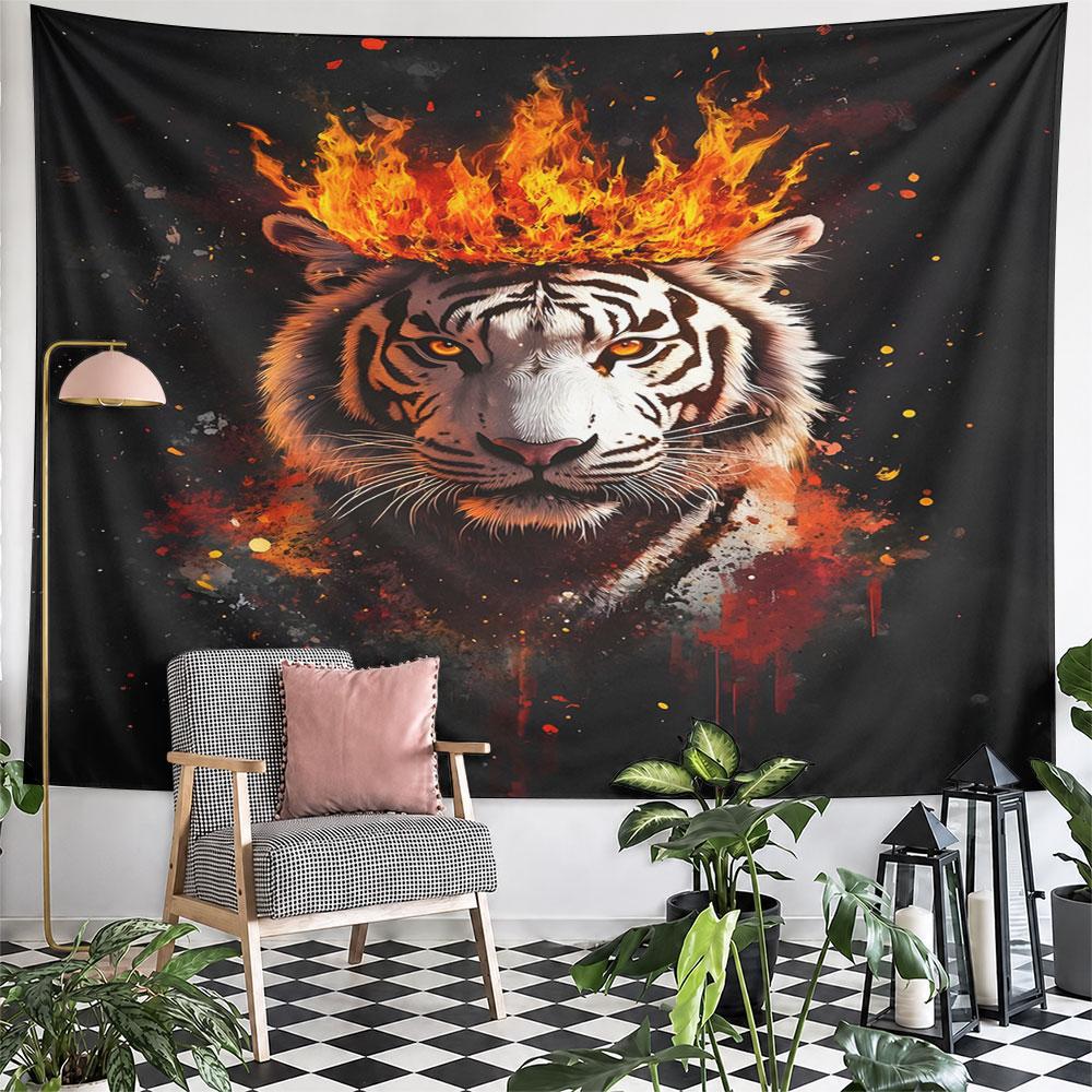 "Fiery Tiger with Burning Crown" Pattern Wall Hanging Tapestry Decorative Tapestry Home Decor for Bedroom and Living Room
