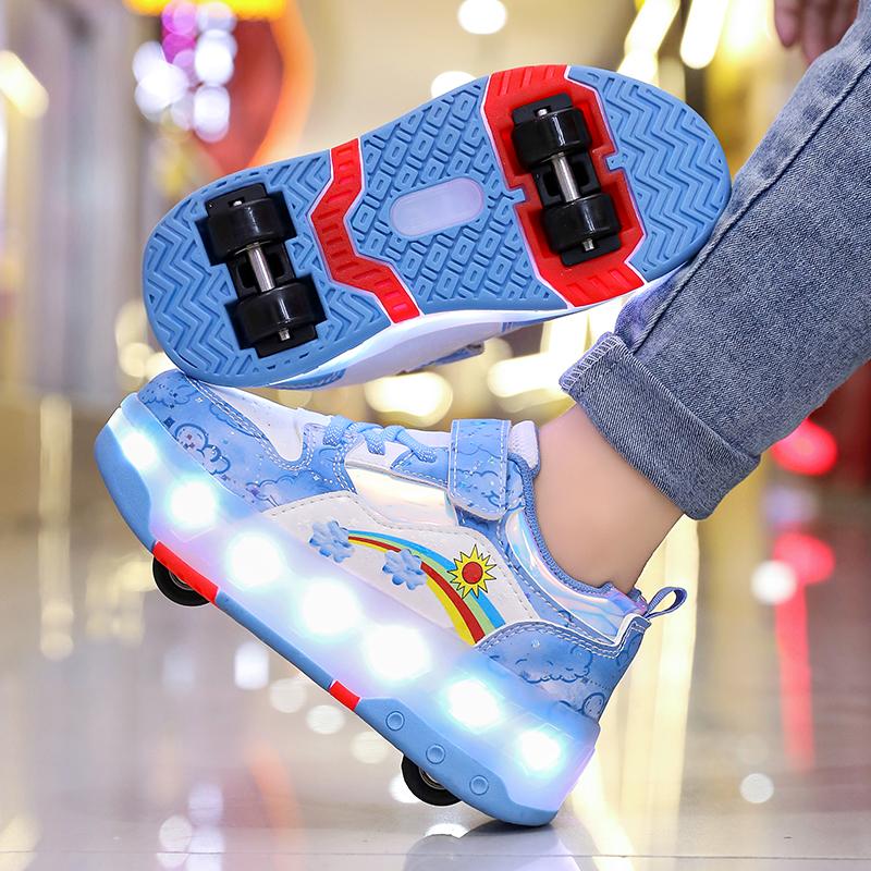 Kid's Roller Skates Removable Flat Charging LED Four Wheels Glowing Sports Shoes  Women's Glowing Sneakers