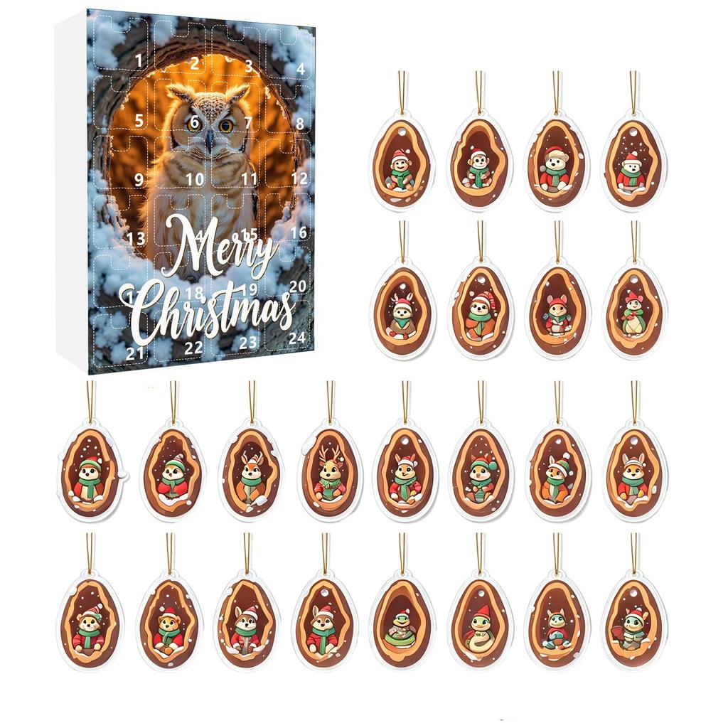 -Day 2D Christmas Advent Calendar Acrylic Car Hanging Ornament with Tree Hollow Animal Decorations