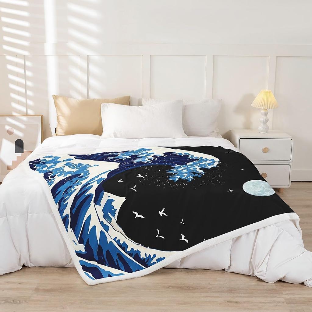 GUOYU Blanket Japanese Wave Fleece Throw Blanket Queen Japanese Style Plush Blanket for Boys Girls Teens Ocean Wave Sherpa Blanket Sea Waves