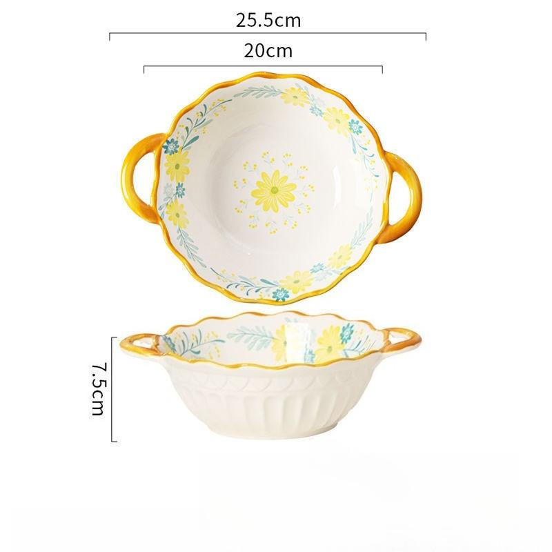 Ceramic Household 10 Inch High Aesthetic Double Ear Soup Bowl Anti Scald Relief Soup Bowl Underglaze Color Process