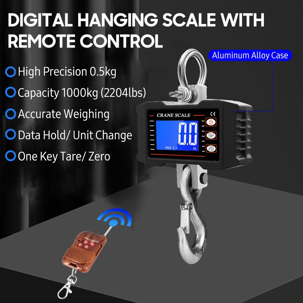 Digital Hanging Scale with Remote Control 1000kg/ 2204lbs Portable Hvy Duty Crane Scale LCD Backlight Industrial Hook Scales Unit Change/ Data Hold/ T