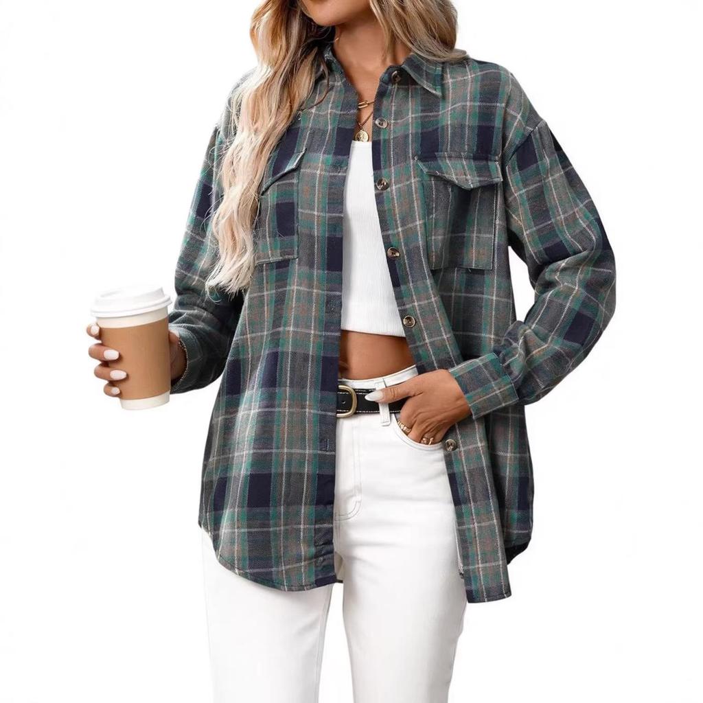 European & American Women's Casual Plaid Pocket Shirt – Autumn Winter 2025 Collection