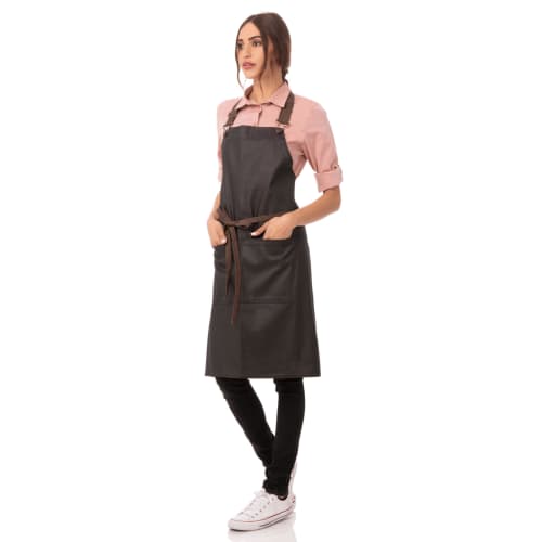 Chef Works Boulder Waxed Denim Look Bib Apron (Unisex) in Black/Brown