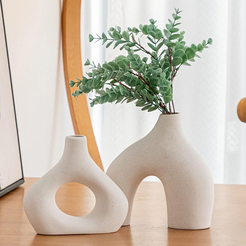 White Ceramic Vase Set of 2 for Modern Home Decor, Round Matte Donut Vases for Pampas Grass, Neutral Boho Nordic Minimalism Style Flower Vases for White Vase