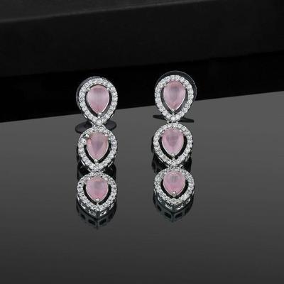 Women's Earrings with Precious Pears, Rhodium Plated, CZ and Mint Pink Stones