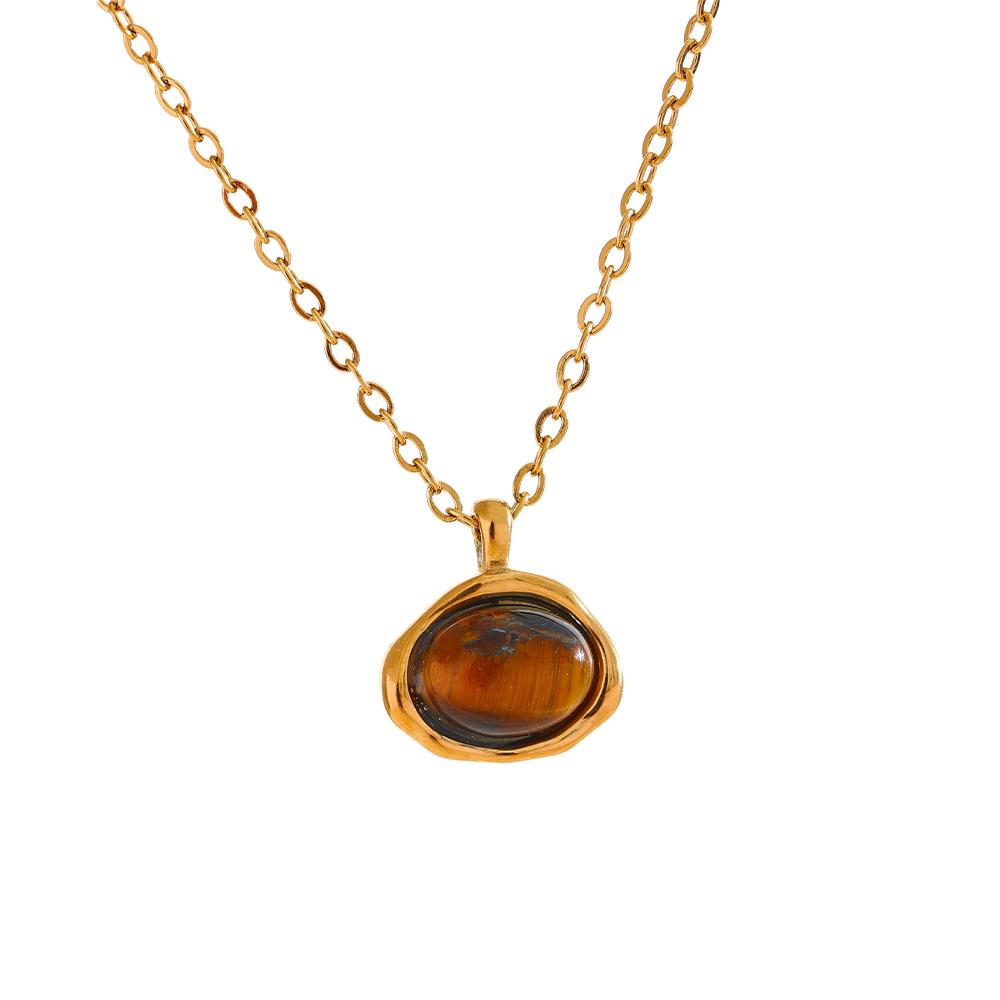 

Yhpup Natural Tiger Stone Chic Cast Technology Necklace Pendant Stainless Steel Golden Chain Collar Trendy Jewelry for Women