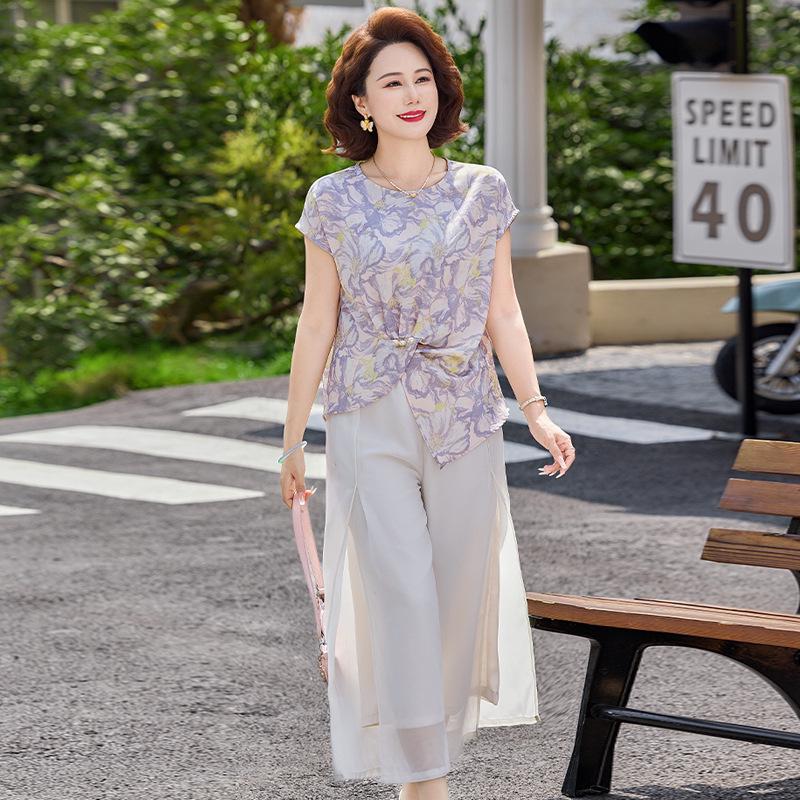 

Elegant 2026 Two-Piece Summer Set: Short-Sleeved Top & Blouse for Middle-Aged & Seniors 5XL фіолетовий